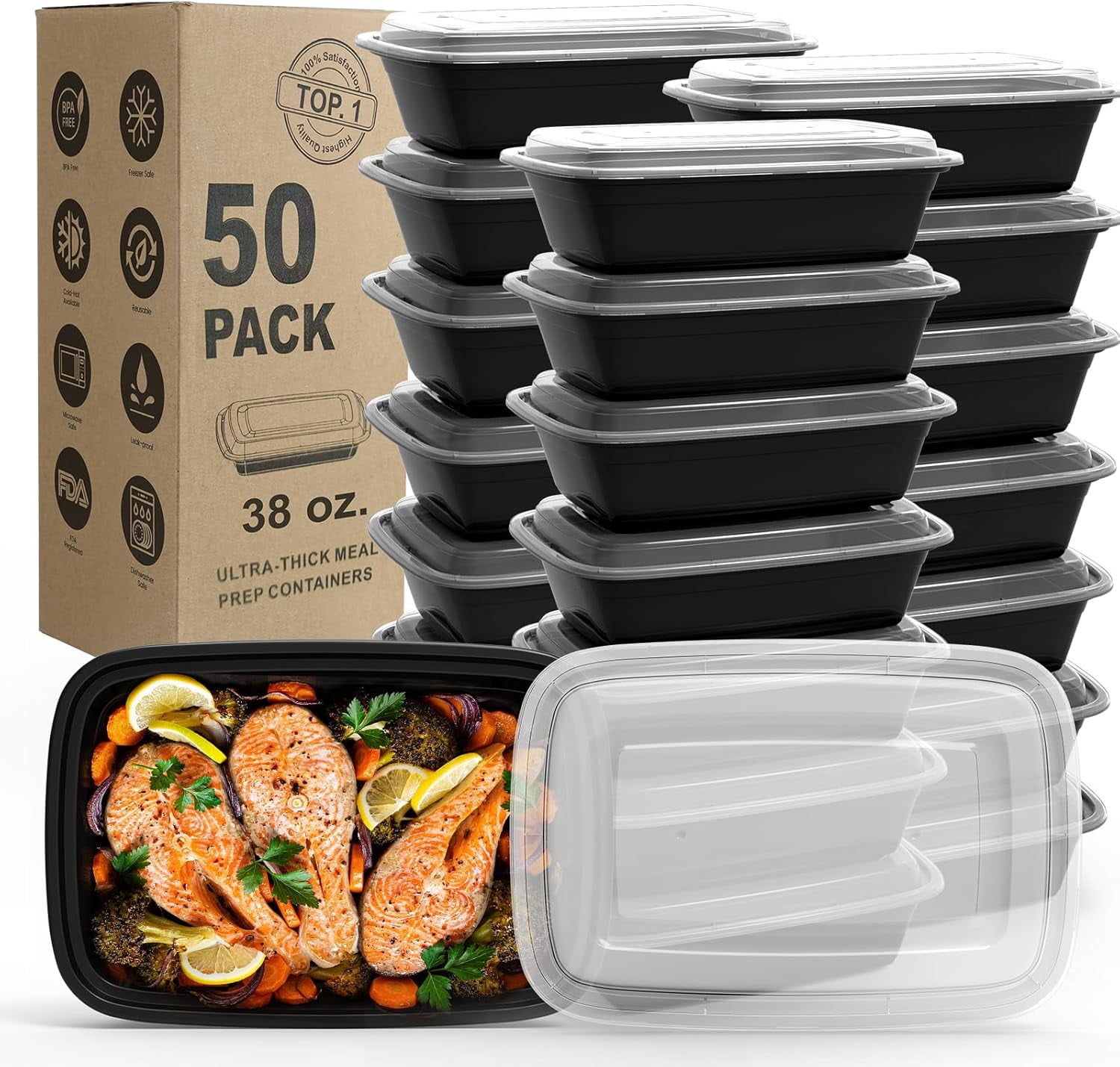 Meal Prep Containers, 50Pack [38OZ] Food Storage Containers With Lids ...