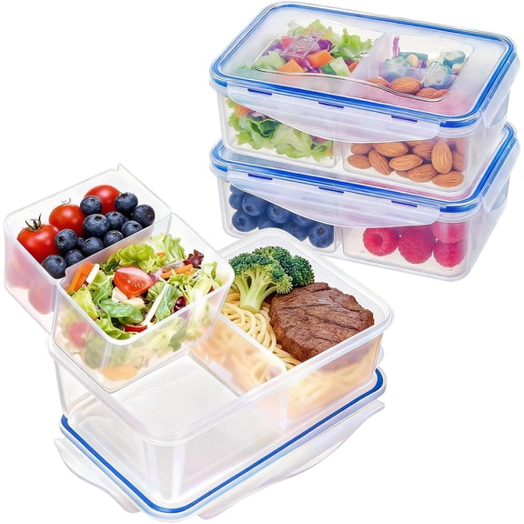 Meal Prep Containers for Adult Lunch & Snacks, Leak-Proof, BPA-free Plastic, Removable Divided Inserts, Airtight lids, 3 Compartment Food Storage, Microwave Safe, Bento Box, 4.7 Cup, 12 Piece Set