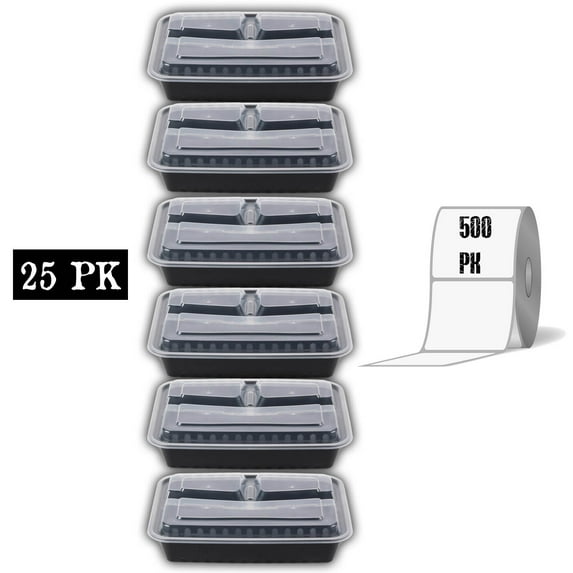 Meal Prep Containers And Lids And Labels Set: (25 Pk) Compartment Reusable Microwavable BPA Free Food Container With Lid + (500) Dissolving Labels, Great For Prepping And Planning Take Out