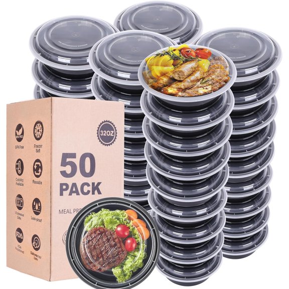 Meal Prep Containers with - 50Pack 32OZ Meal Bowls, Round To Go Containers, , Freezer & Dishwasher Safe