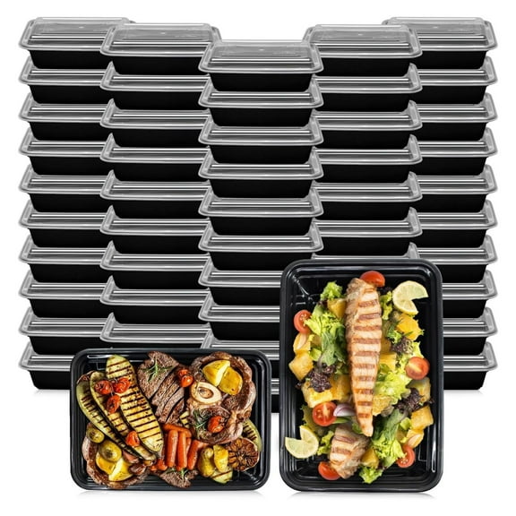 Meal Prep Containers with Airtight Lids, BPA , Reusable Plastic Food Container, 38 oz, Rectangular, Black/Clear, 50 Sets