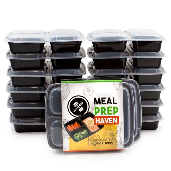 Meal Prep Haven Three Compartment Food Containers with Lids - 14 Pack