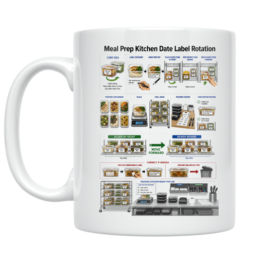 Meal Prep Kitchen Date Label Rotation Mug, Meal Prep Teams, Shared Kitchens, and Food Safety Reference, 11 oz White Ceramic