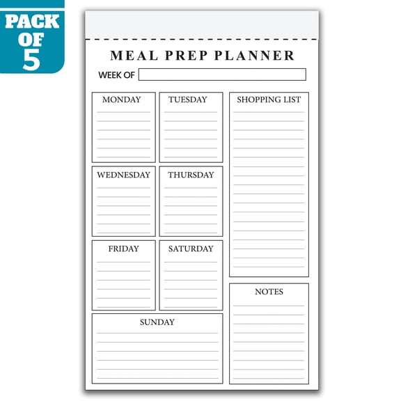 Meal Prep Planner Notepad 5.5 x 8.5 Inch, Pack of 5 Weekly Meal Planning Pads, 50 Sheets Per Pad, Meal Prep Organizer with Shopping List and Notes for Home, Kitchen, Made in USA