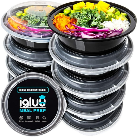 Meal Prep Round Plastic Containers - New Improved Lid - Reusable BPA Free Food Containers with Airtight Lids - Microwavable, Freezer and Dishwasher Safe - Stackable Salad Bowls - [10 Pack, 28oz]
