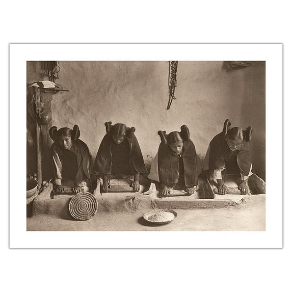 The Mealing Trough - Young Hopi Indian Women Grinding Grain - Vintage B&W Photograph by Edward S. Curtis c.1906 - Bamboo Fine Art 290gsm Paper (Unframed) 12x16in