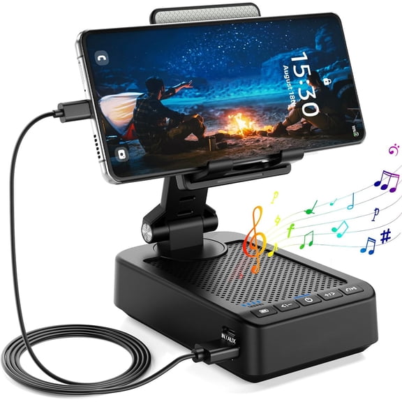 Meamaz 2-in-1 Phone Stand & Bluetooth Speaker - Height/Angle Adjustable, Built-in HD Mic & Charging Port, Anti-Slip Silicone for Home, Office, Video Watching, Hands-Free Calls & All Phones/Tablets