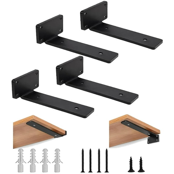 Meamaz 4 Pack Floating Shelf Brackets, 6 Inch Heavy Duty Industrial Shelf Bracket, Black Metal L DIY Brackets for Shelves Support, 1/5 Inch Thicked
