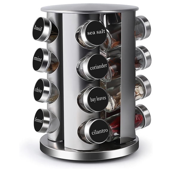 Meamaz 4-Tier Rotating Spice Rack with 16 Glass Jars  Stainless Steel Design for Kitchen Countertop, Home & Restaurant Use