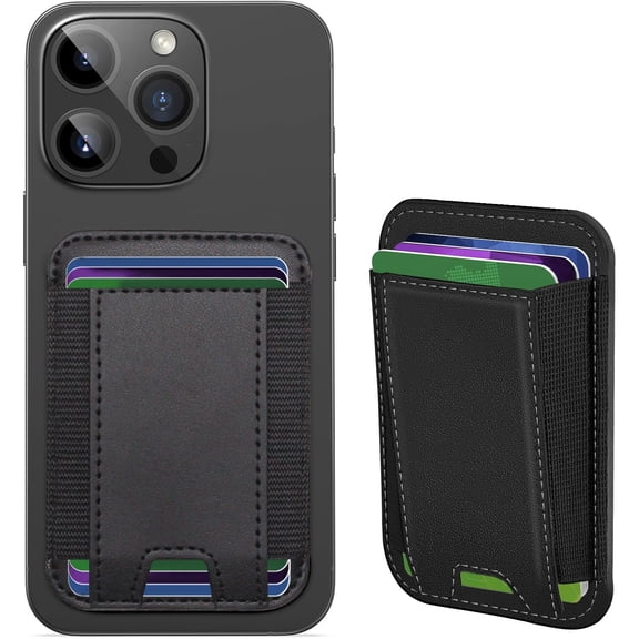 Meamaz Black Leather Magnetic Phone Wallet Strong Elastic Band, RFID Blocking for i-Phone 12-17 Series & Official Magnetic Cases