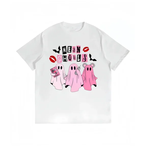 Mean Ghouls Halloween Unisex T‑Shirt, Cute Pink Ghost Bat Graphic Print, Vintage Streetwear Loose Fit Crewneck Short Sleeve,Women Halloween T shirts