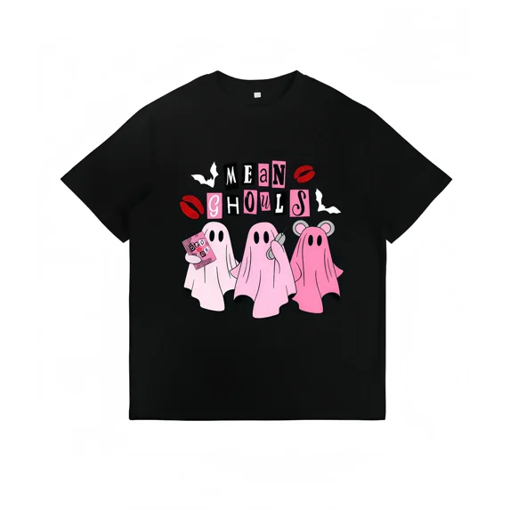 Mean Ghouls Halloween Unisex T‑Shirt, Cute Pink Ghost Bat Graphic Print, Vintage Streetwear Loose Fit Crewneck Short Sleeve,Women Halloween T shirts
