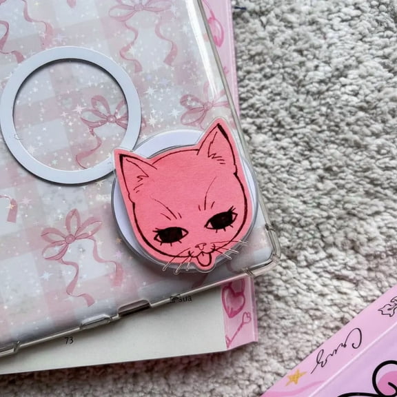 Mean Girl Pink Cat Phone Grip, Aesthetic Bad Kitty Phone Stand, Kawaii Hand-Drawn Character Accessory, Unique Y2K Style Phone Holder, Pastel Pink Ribbon Decor, Artistic Indie Phone Grip