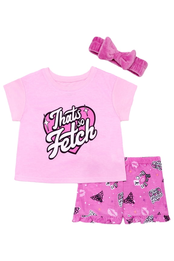 Mean Girls Tween 2- Piece Short Sleeve Top and Shorts Pajama Set with Spa Headband, Sizes 4-12