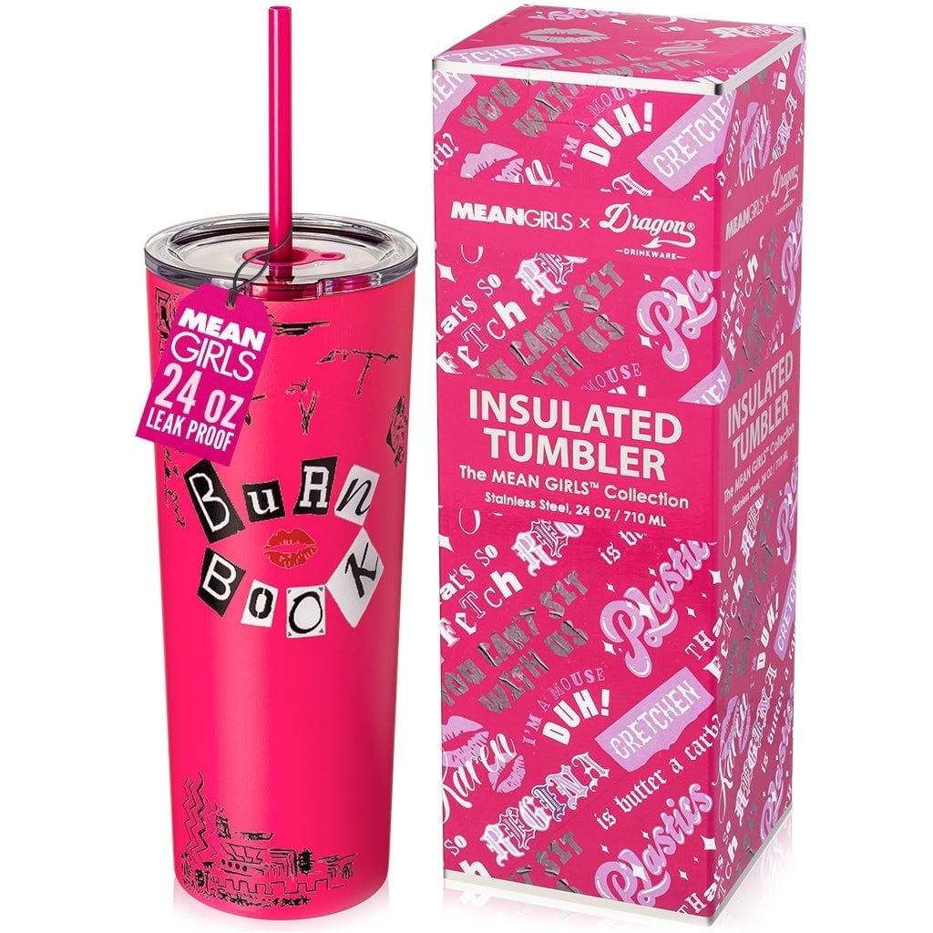 Mean Girls x Dragon Glassware 24 oz Vacuum Insulated Tumbler with Lid and Straws, Burn Book