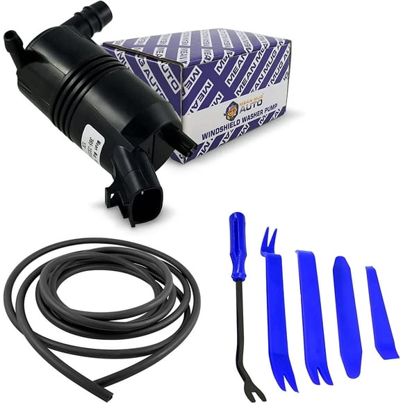 Mean Mug Auto 16212-32011A Windshield Washer Pump With 3 Meter Washer Hose and 5Pcs Auto Trim Removals Set - Compatible with Chevrolet, Toyota, Lexus & More - Replaces OEM #: 22156171, 85330-06030