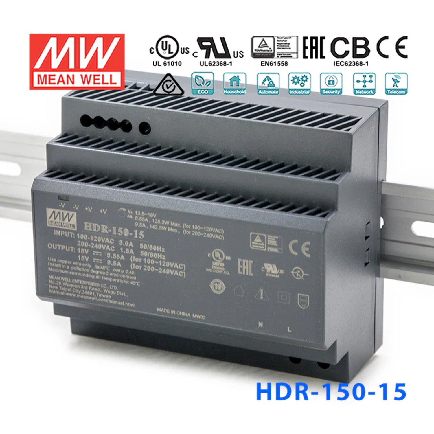 Mean Well HDR-150-15 Ultra Slim Step Shape Power Supply 150W 15V - DIN Rail