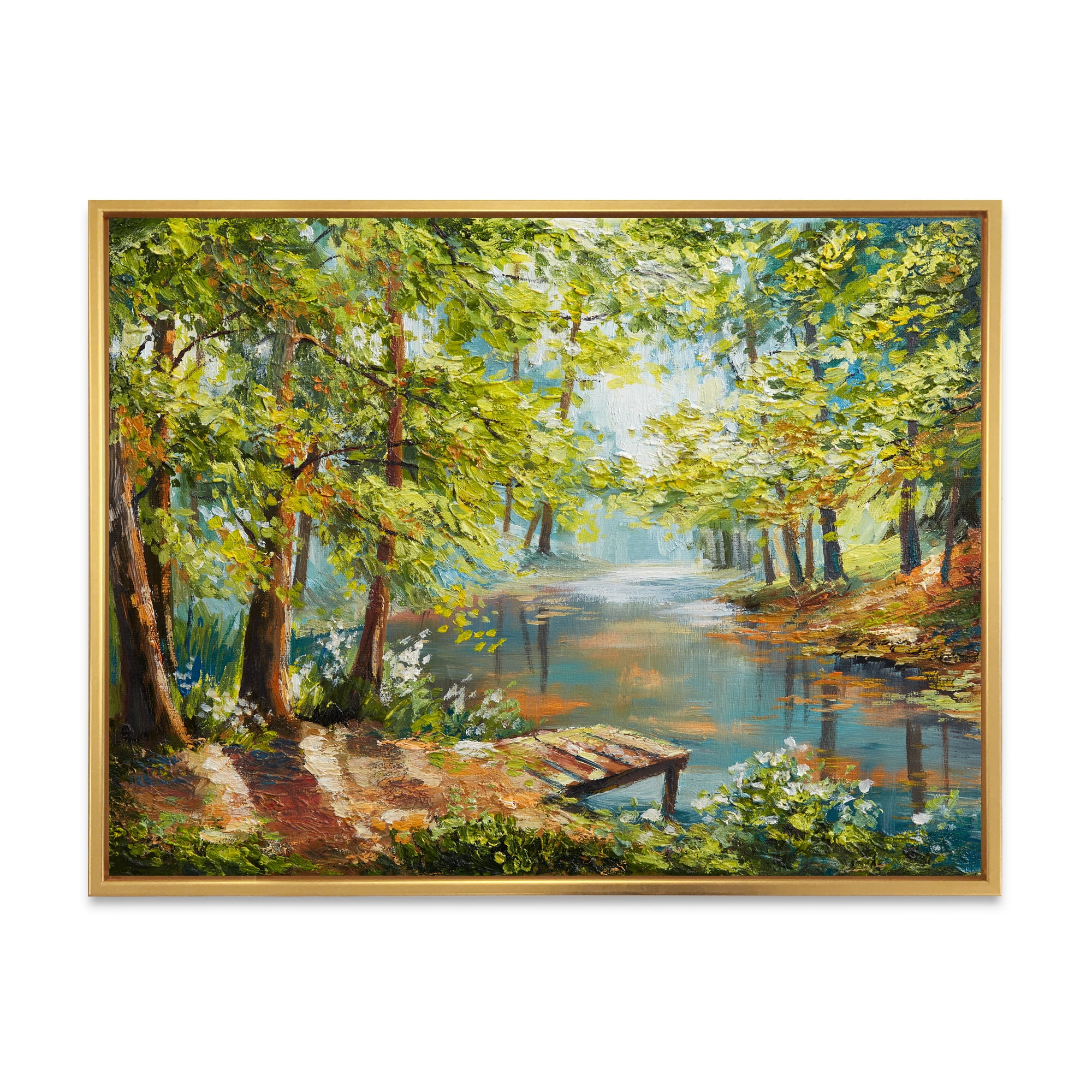 Meandering River With Autumn Forest 32 in x 16 in Framed Painting Canvas Art Print, by Designart