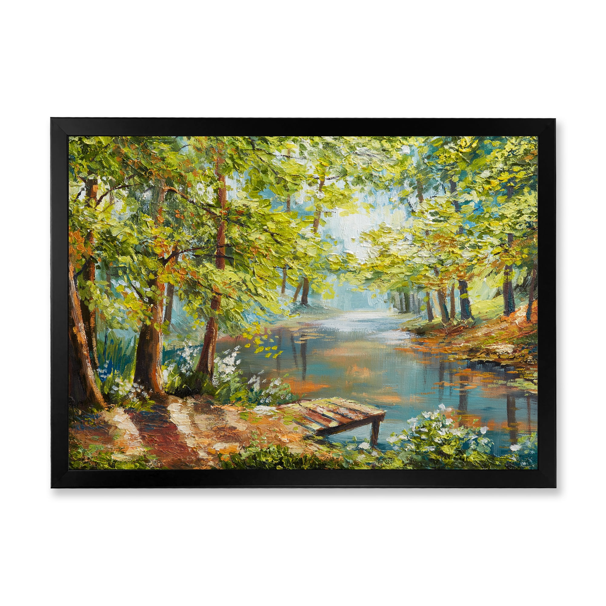 Meandering River With Autumn Forest 32 in x 24 in Framed Painting Canvas Art Print, by Designart