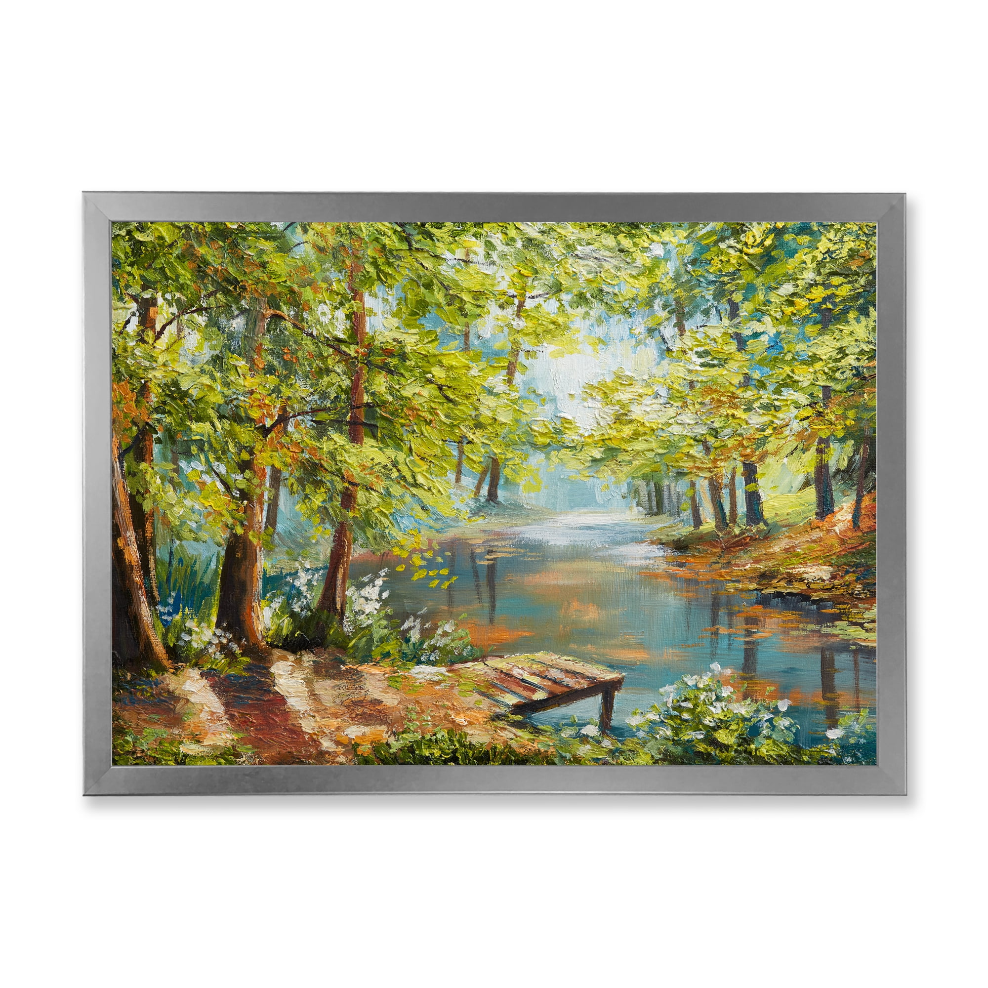 Meandering River With Autumn Forest 32 in x 24 in Framed Painting Canvas Art Print, by Designart