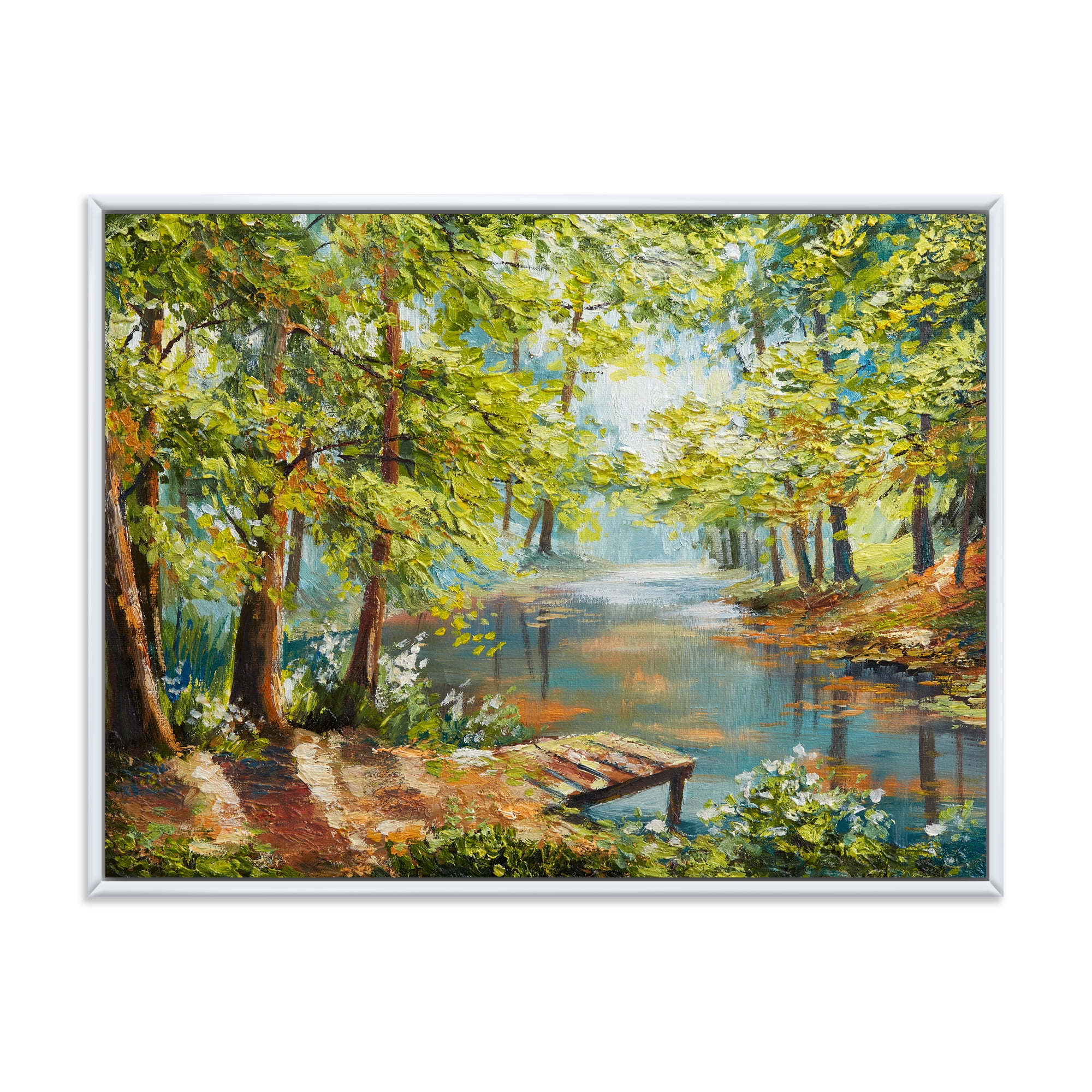 Meandering River With Autumn Forest 40 in x 30 in Framed Painting Canvas Art Print, by Designart