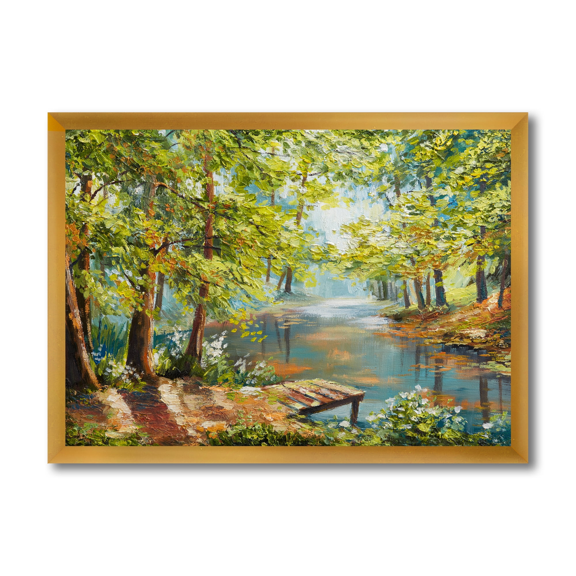 Meandering River With Autumn Forest 40 in x 30 in Framed Painting Canvas Art Print, by Designart