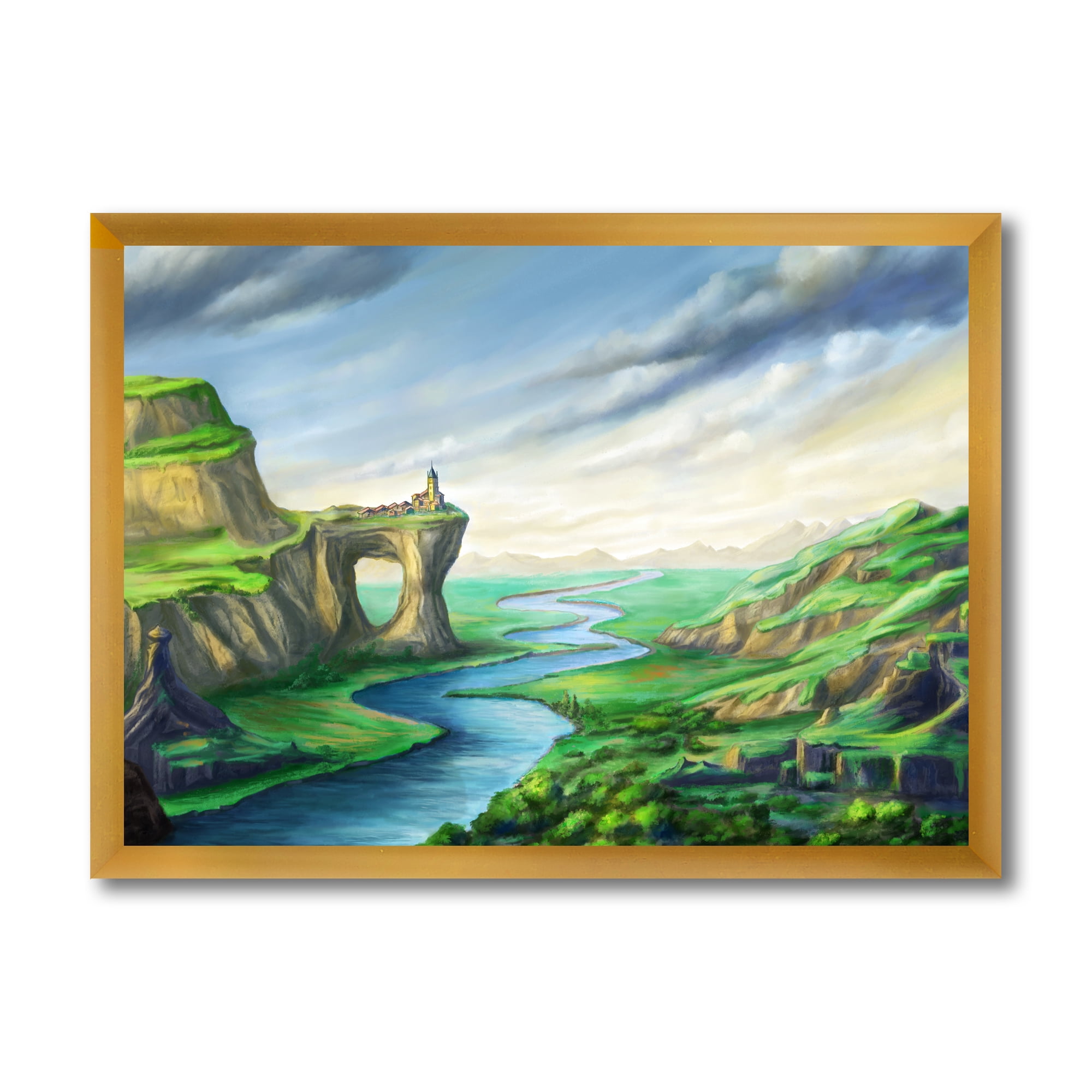 Meandering River With Blue Fantasy Landscape 20 in x 12 in Framed Painting Canvas Art Print, by Designart