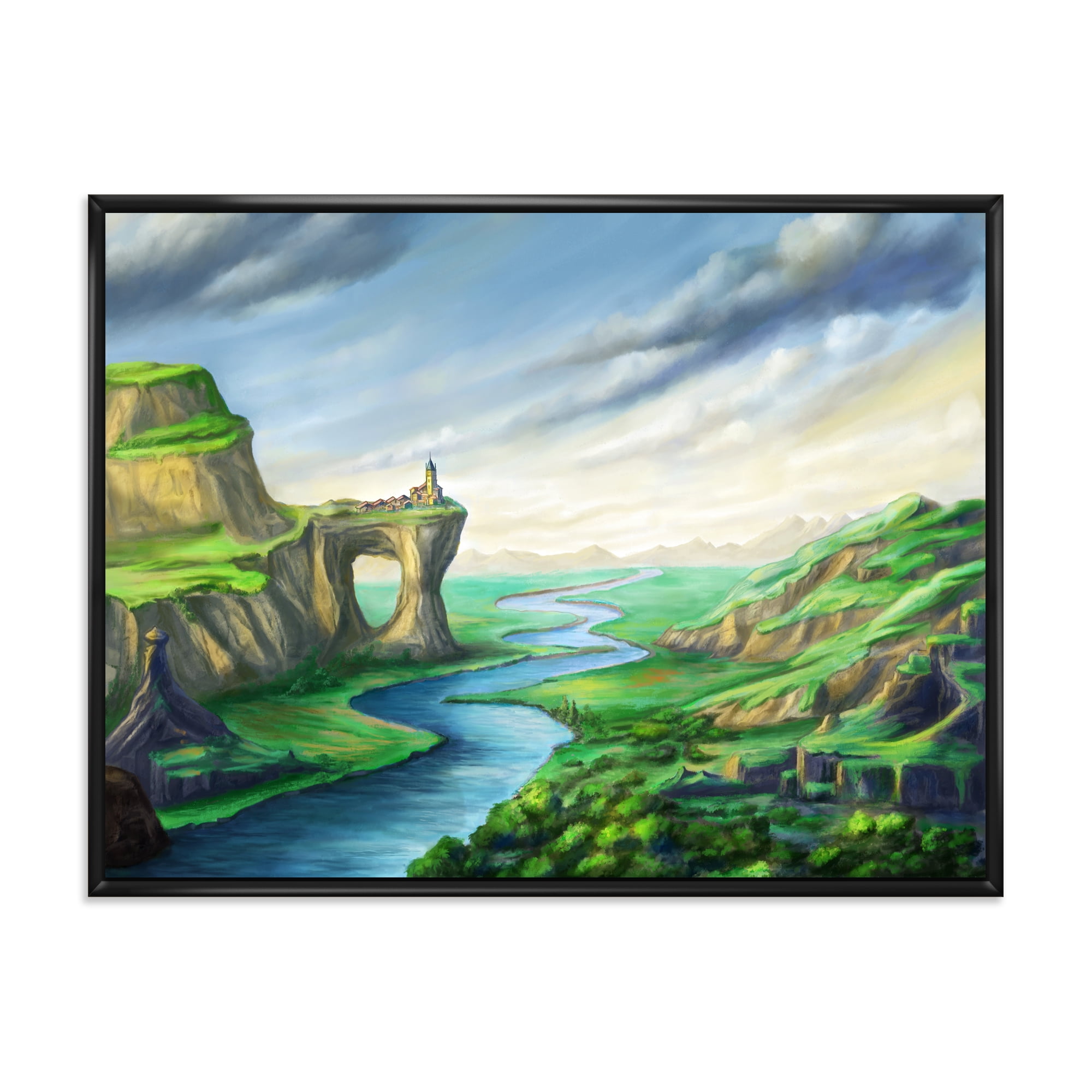 Meandering River With Blue Fantasy Landscape 32 in x 16 in Framed Painting Canvas Art Print, by Designart