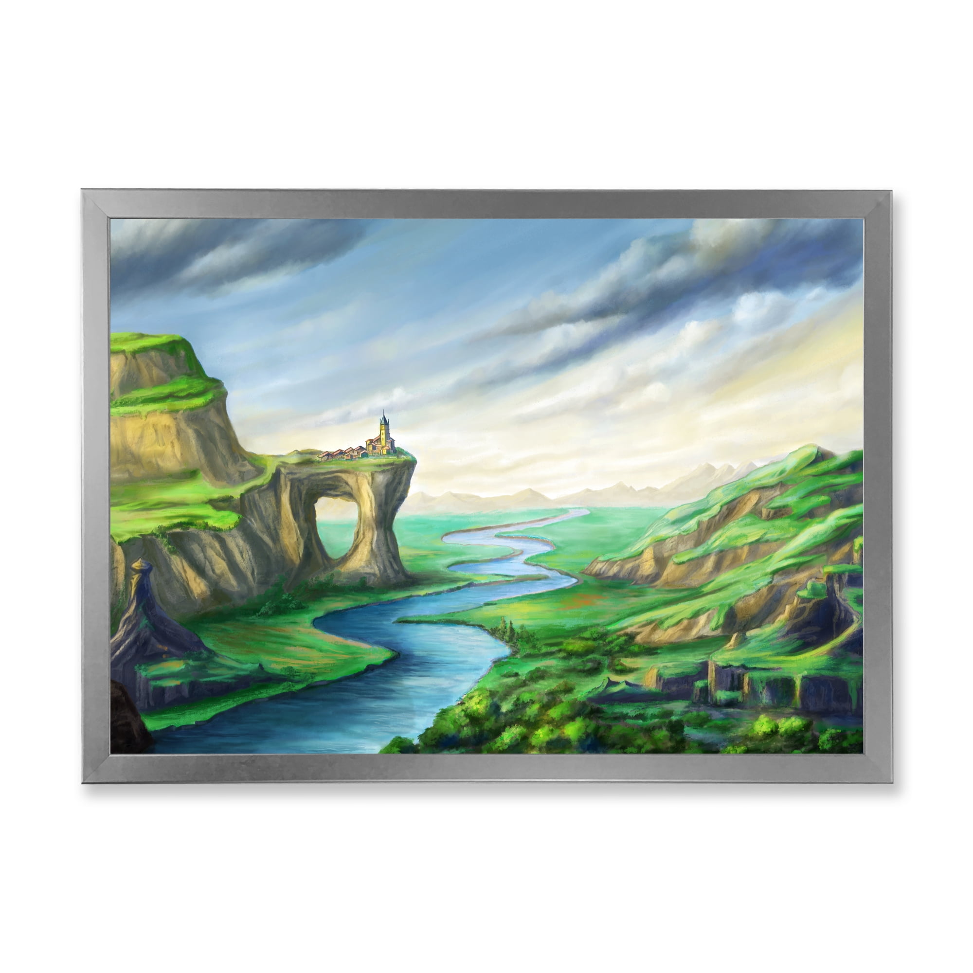 Meandering River With Blue Fantasy Landscape 32 in x 16 in Framed Painting Canvas Art Print, by Designart