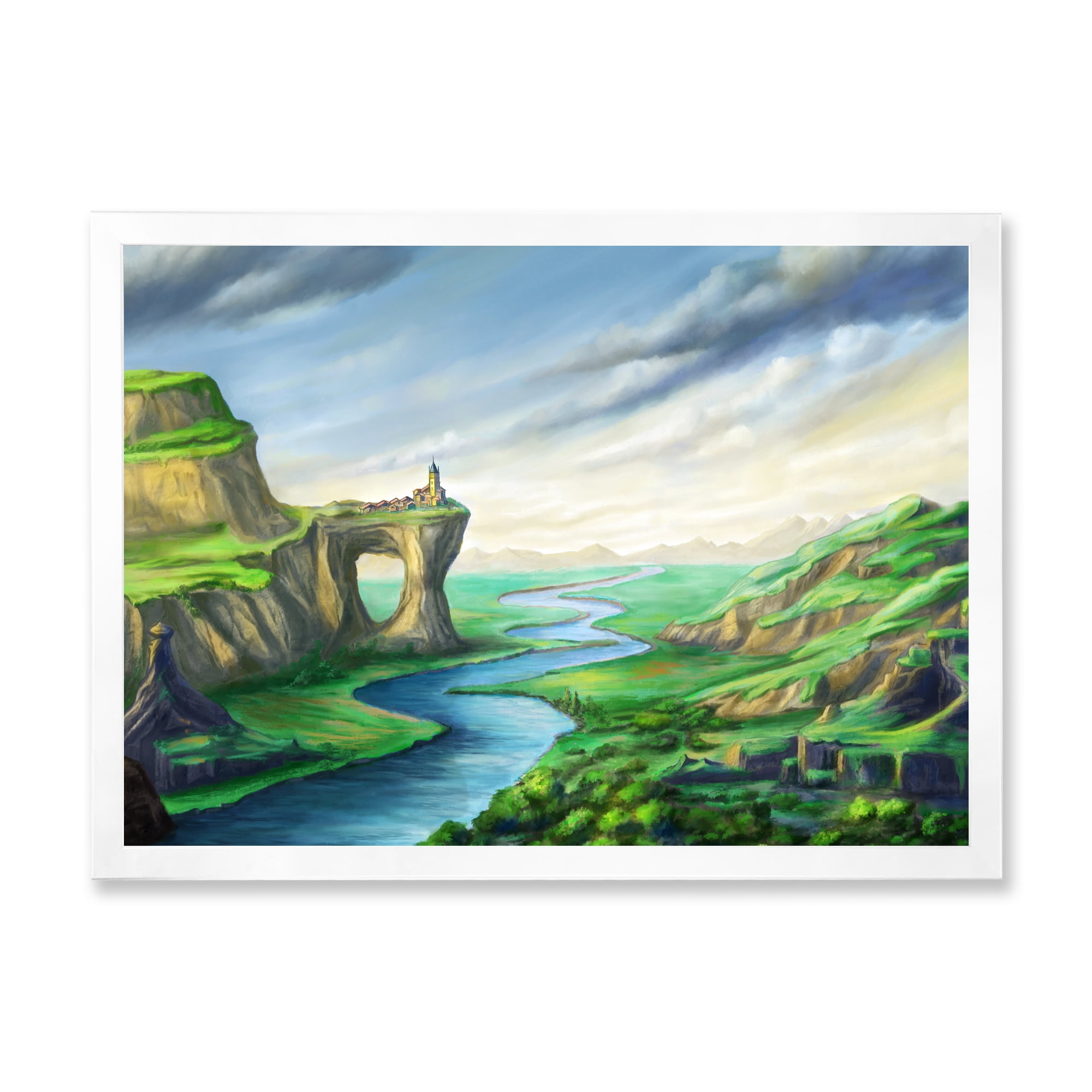 Meandering River With Blue Fantasy Landscape 32 in x 24 in Framed Painting Canvas Art Print, by Designart