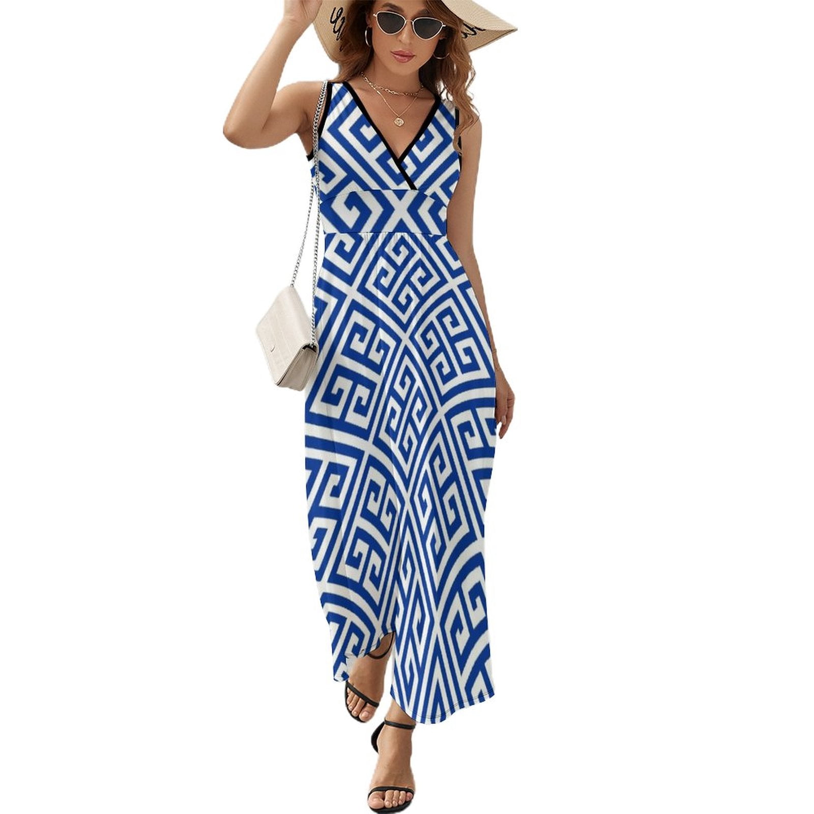 Meandros - Greek meander white and blue design. Sleeveless Dress ...