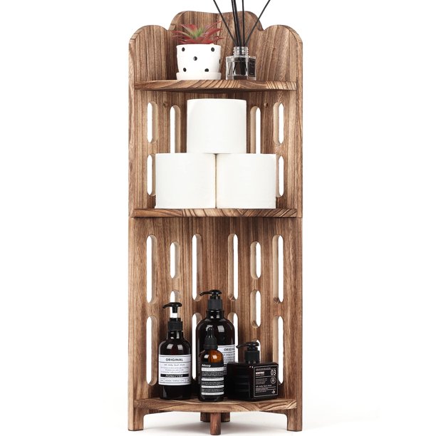 Meangood Bathroom Corner Shelf Stand, 3 Tier Solid Wood Display Shelf