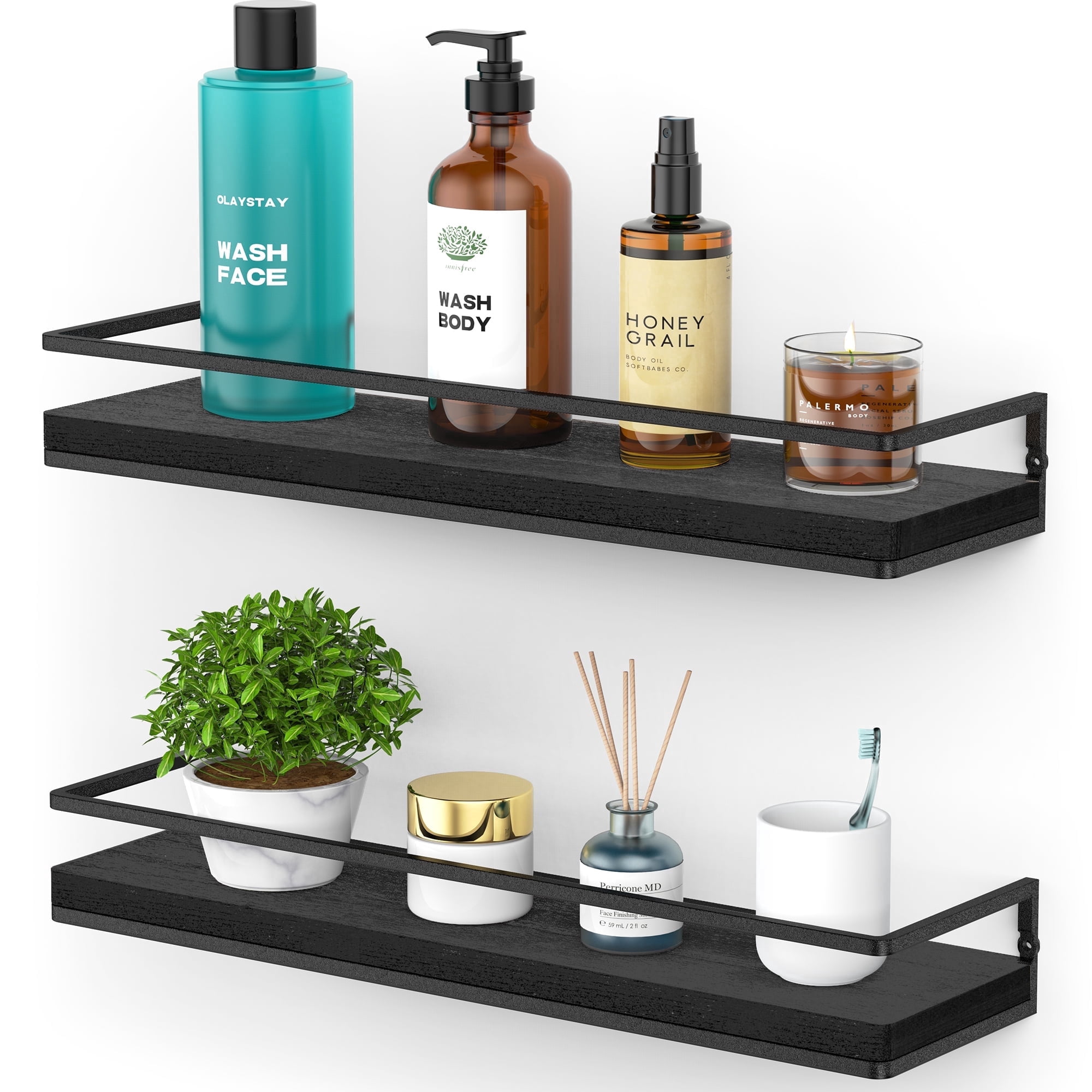 Meangood Floating Shelves Wall Mounted Set of 2, Rustic Wood Wall Storage Shelves for Bedroom, Living Room, Bathroom, Kitchen (Black)