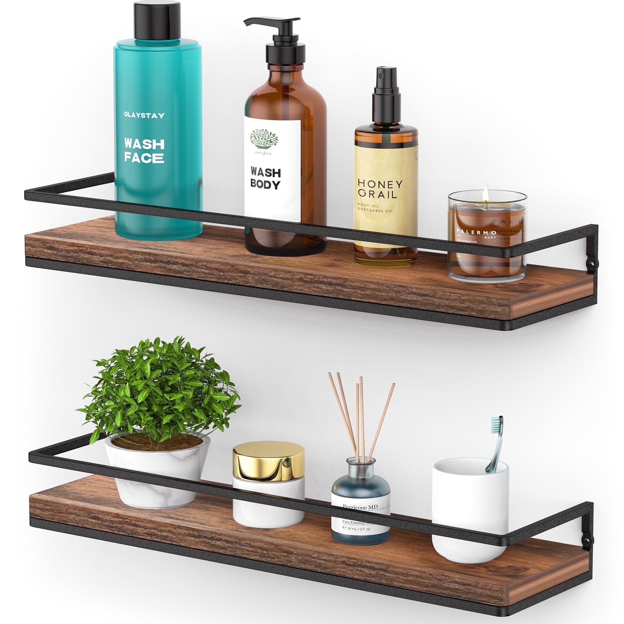 Meangood Floating Shelves Wall Mounted Set of 2, Rustic Wood Wall Storage Shelves for Bedroom, Living Room, Bathroom, Kitchen (Brown)