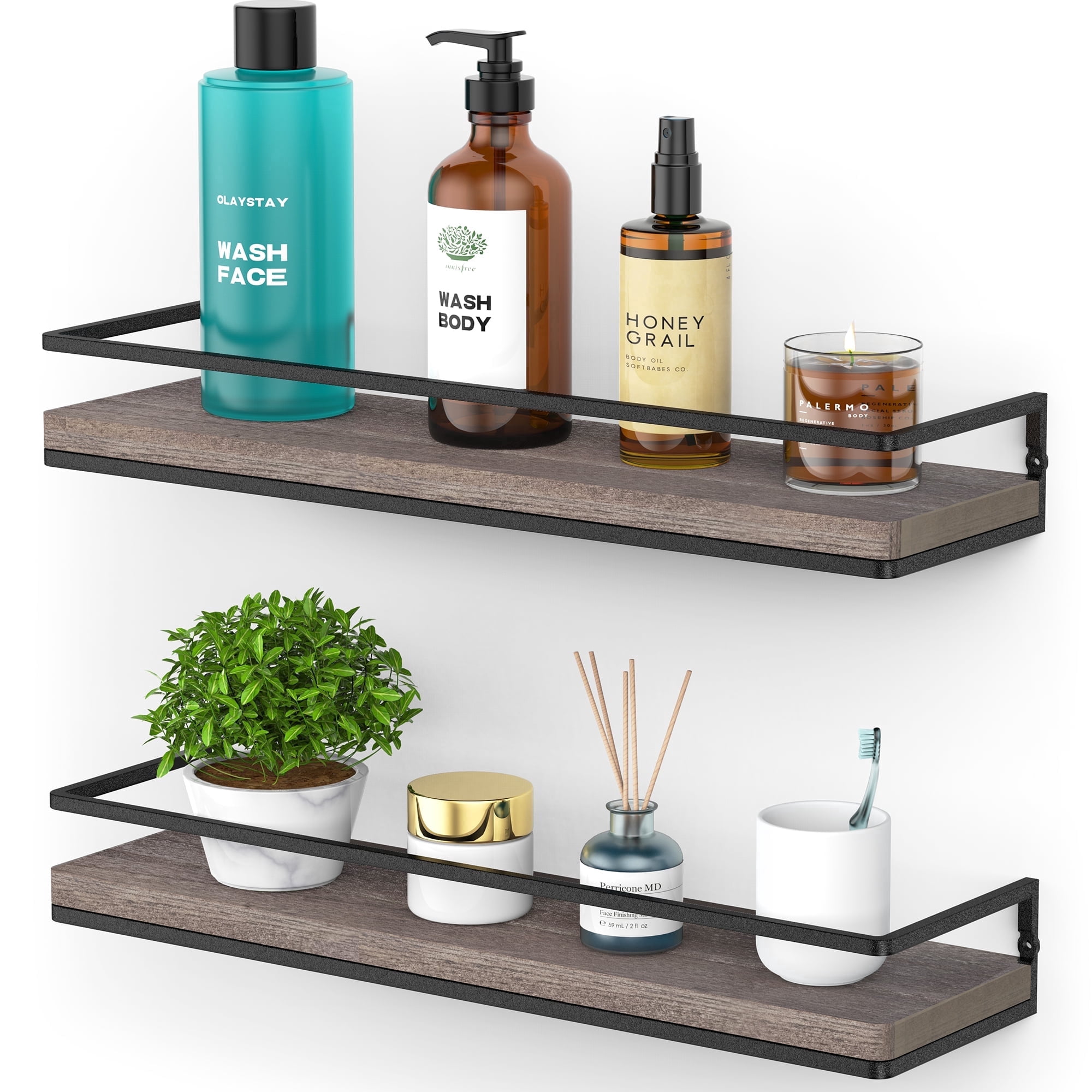 Meangood Floating Shelves Wall Mounted Set of 2, Rustic Wood Wall Storage Shelves for Bedroom, Living Room, Bathroom, Kitchen (Walnut)