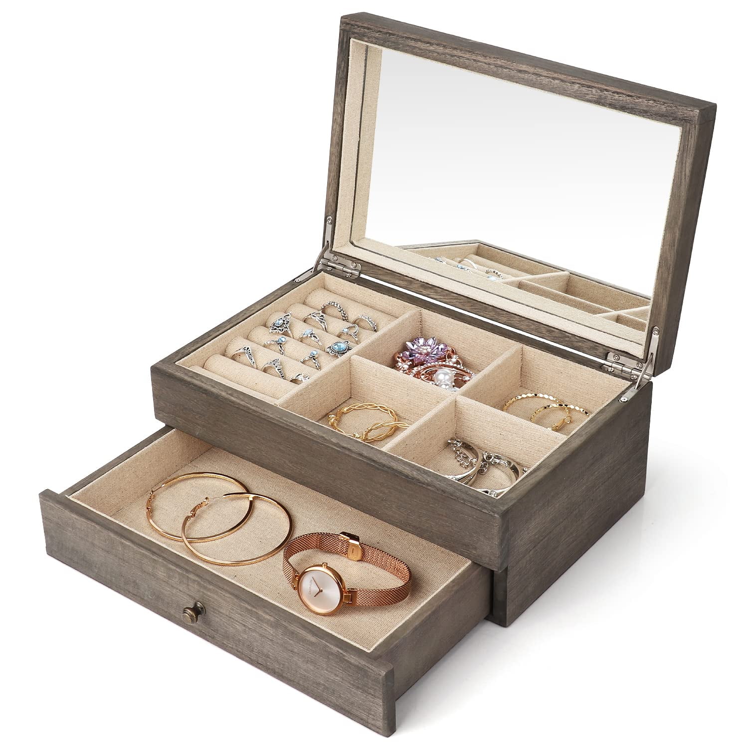 Sfugno Jewelry Box for Women, Rustic Wooden Jewelry Boxes & Organizers with  Mirror, 4 Layer Jewelry Organizer Box Display for Rings Earrings Necklaces  Bracelets 