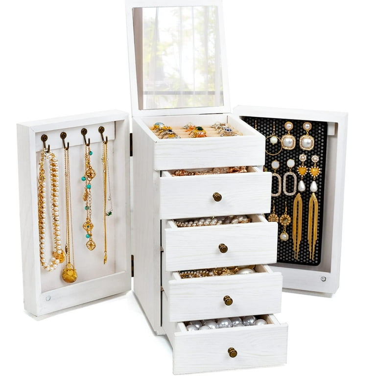 Meangood Jewelry Box Wood for Wowen, 5-Layer Large Organizer Box with  Mirror & 4 Drawers for Rings, Earrings, Necklaces, White 