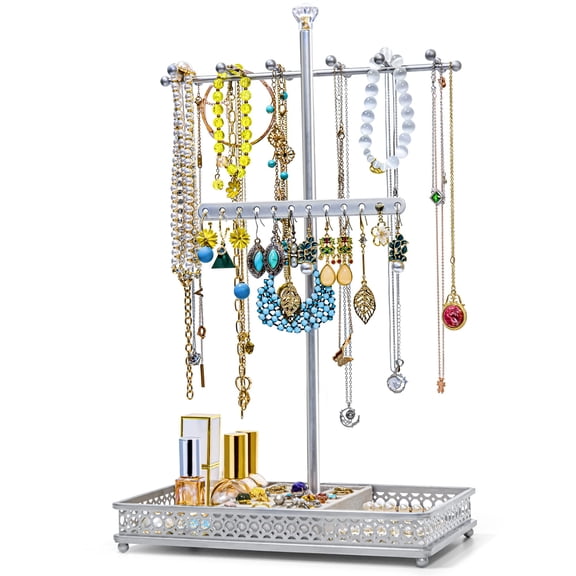 Meangood Jewelry Tree Stand Organizer 3 in 1 Necklace Organizer Display Bracelet Earrings and Ring Tray Jewelry Holder Hanger Meta, Silver