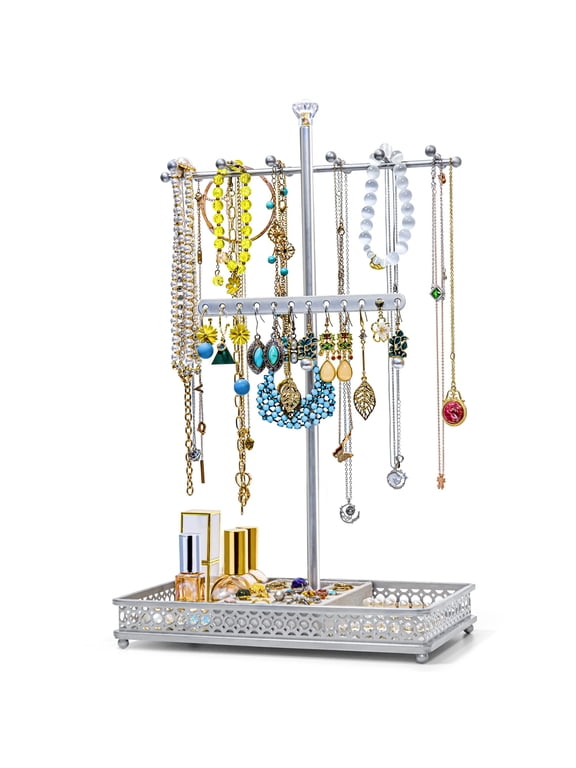 Jewelry Tree Stand Organizer 3 in 1 Necklace Organizer Display Bracelet Earrings and Ring Tray Jewelry Holder Hanger Meta, Silver