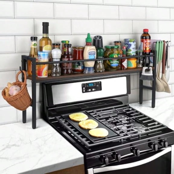 Meangood Spice Rack Shelf For Kitchen Stove Over The Stove Shelf With 4 Hooks Extra Storage Countertop Rustic Wood Solid Metal Commbined Stove Shelf For Storage Seasoning Easy To Assemble