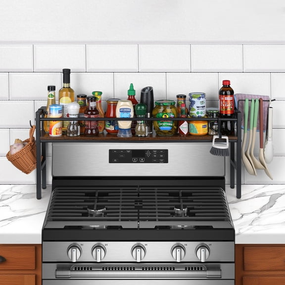 Meangood Over the Stove Shelf Spice Rack for Kitchen, 32"L x 15.8"H Spice Rack Organizer Shelf with 4 hooks, Extra Storage for Countertop, Easy to Assemble