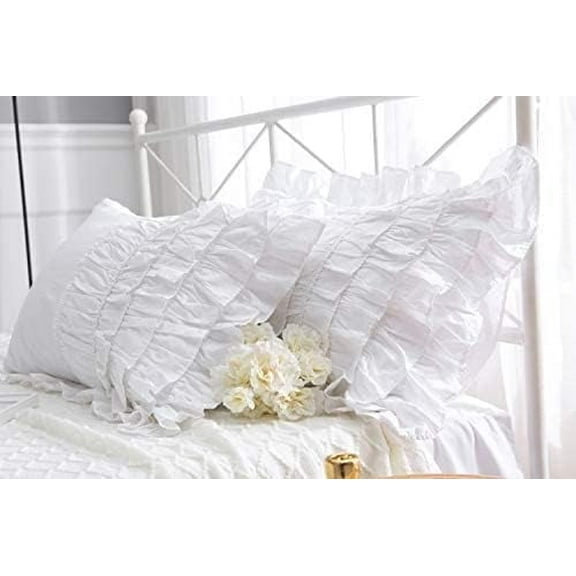 Meaning4 White Pillow Shams with Frilly Ruffles and Pinch Pleated King Size Pillowcases Cotton Pillow Covers36" X20" 2pcs Shabby Chic Princess