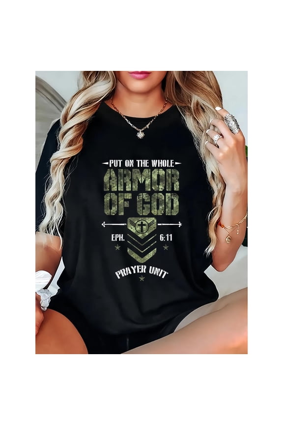 Meaningful Faith - Based Patterned Tee,Boasts "PUT ON THE WHOLE ARMOR OF GOD" Text Design, Round Neck Regular Fit T - shirts, Size(S - 5XL)
