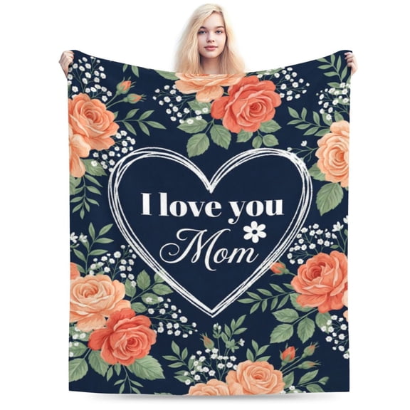 Meaningful Gift for Mom from Daughter Son, Super Soft Floral Rose Fleece Throw, "I Love You" Mother's Day Blanket 50x40
