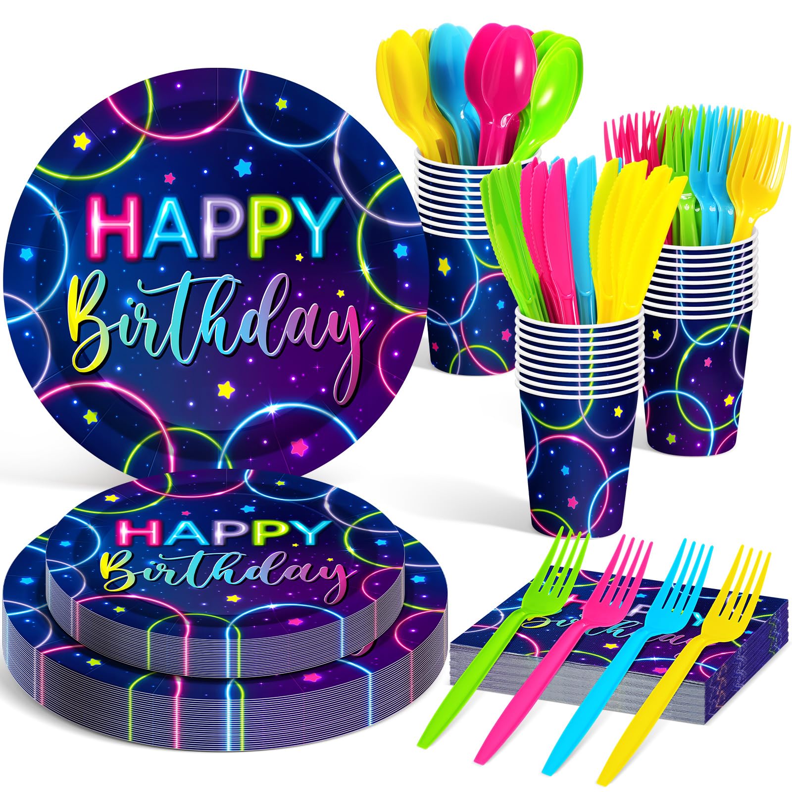 Meanplan Serves 24TRDN Guests Neon Happy Birthday Party Plates and ...