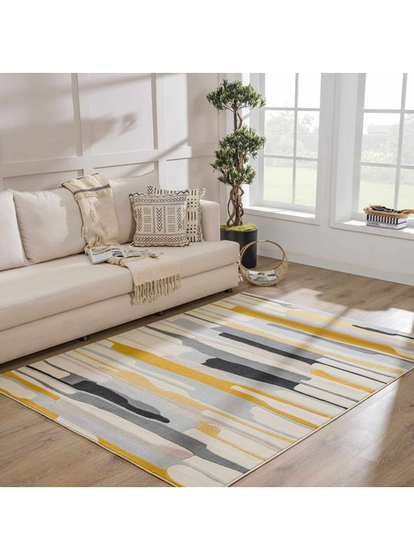 Hauteloom Means Modern Farmhouse Contemporary Living Room Bedroom Kids Room Multicolor Area Rug - Colorful Rainbow Striped Modern Rug Carpet - Black, Gray, Yellow - 5'3" x 7'3"