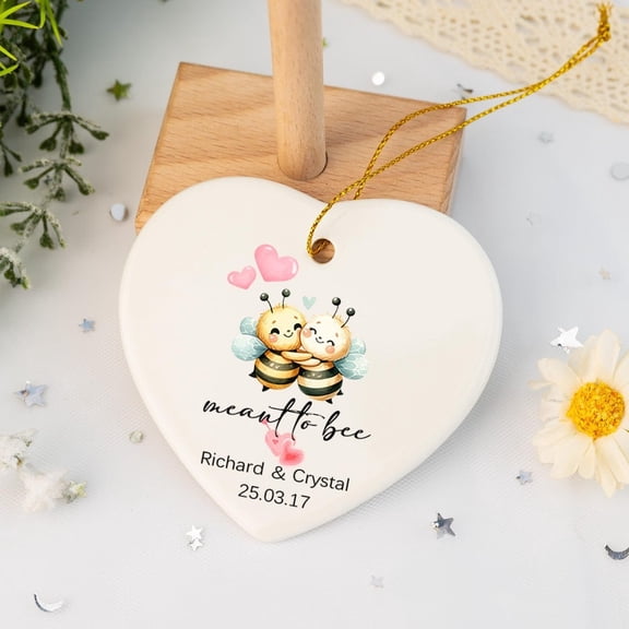Meant to Bee Mr & Mrs Wedding Gift, Personalized Ceramic Heart Ornament Plaque, Newlywed Couple Hanging Tag Keepsake Decoration