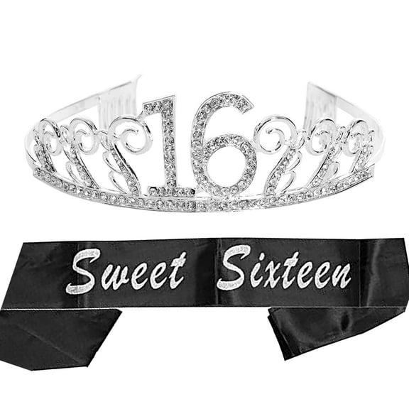 Meant2ToBe Sweet Sixteen Girls Birthday Accessories, Alloy Metal/Crystals/Rhinestones Silver/Black
