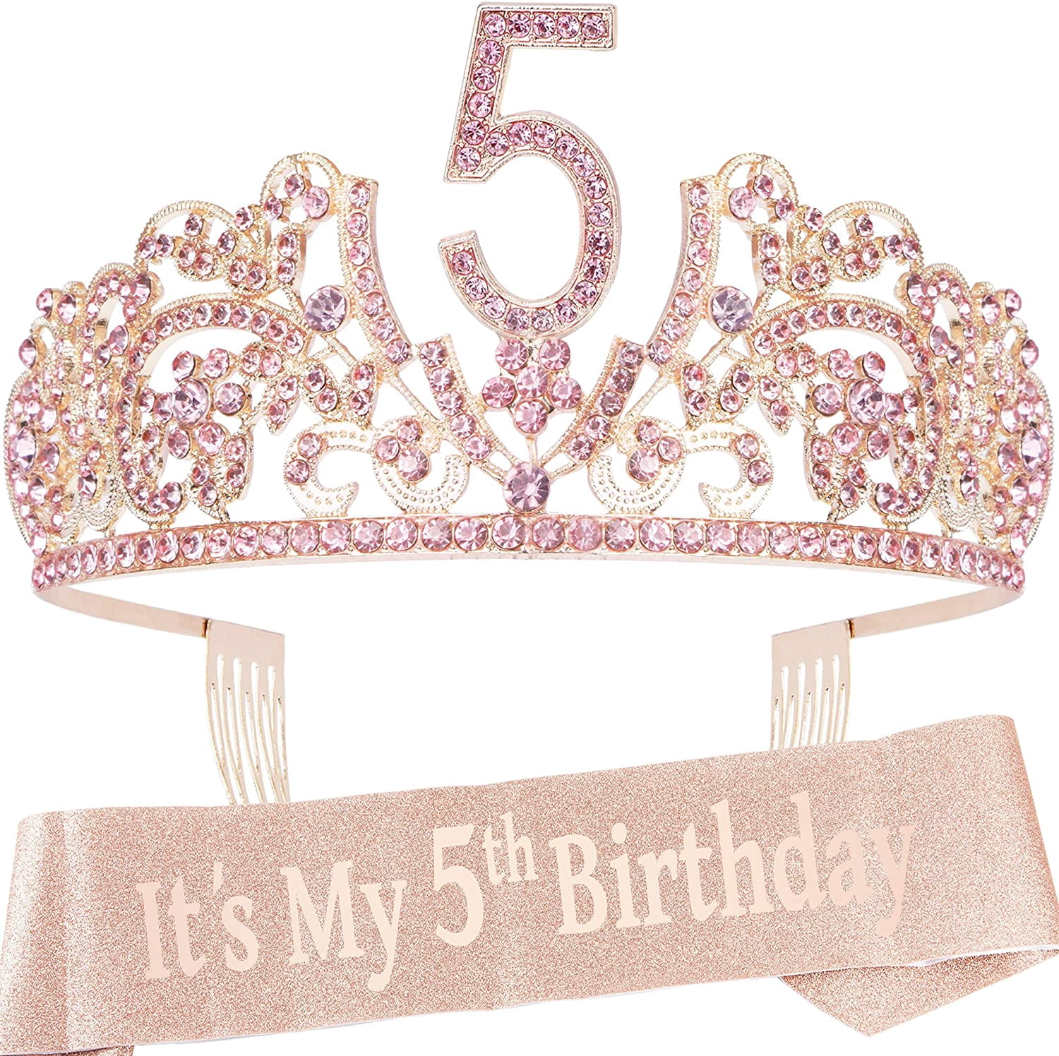 VeryMerryMakering 5th Birthday Sash and Tiara for Girls - Fabulous Glitter Sash + Flowers Rhinestone Pink Premium Metal Tiara for Girls, 5th Birthday Gifts for Princess Party