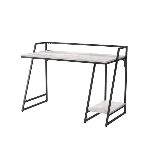 Meard Metal Writing Desk with USB Ports, Antique White and Matte Black